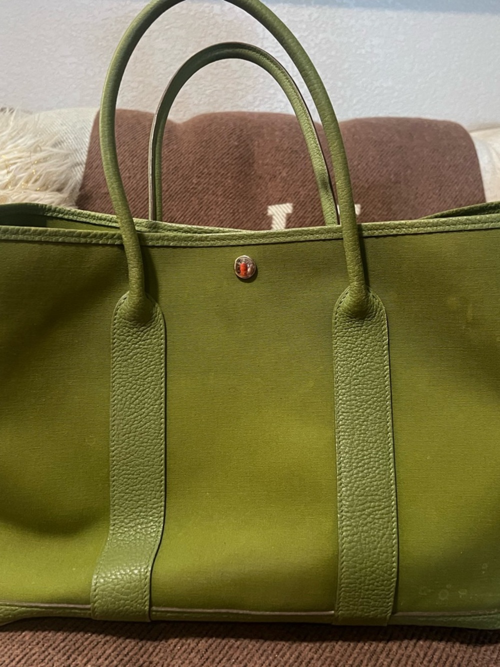 Hermes Garden Party Olive Green Canvas Tote with Leather Trim